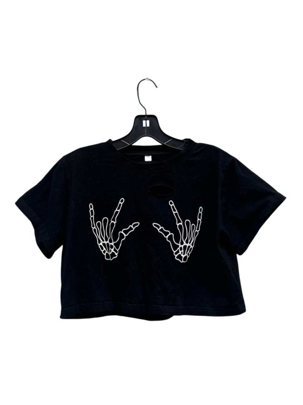 Women's Loose Cropped Distressed Skelton Hands Tshirt in Black